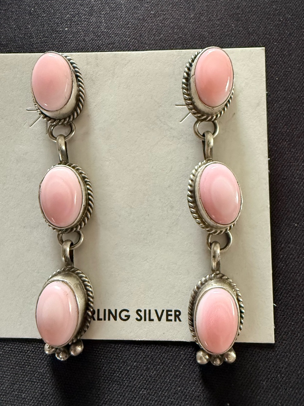 Native made triple stone pink conch dangles. Freda Martinez. 925 Sterling
